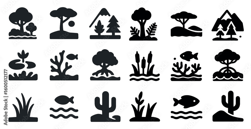 Fototapeta premium Nature and environment solid icons set – filled, silhouette, outdoor and eco symbols