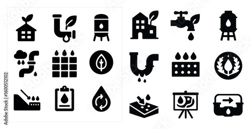 Water conservation icons set – solid, silhouette, eco and sustainability symbols
