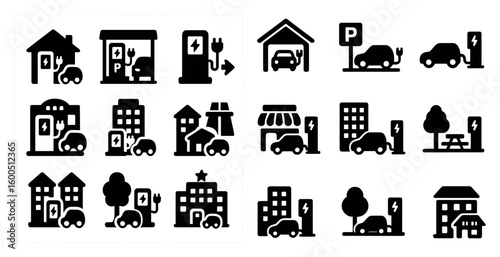 Electric vehicle charging silhouette icons set – solid, filled, eco-friendly symbols
