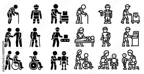 Disability access line icons set – outline, linear, mobility and healthcare symbols