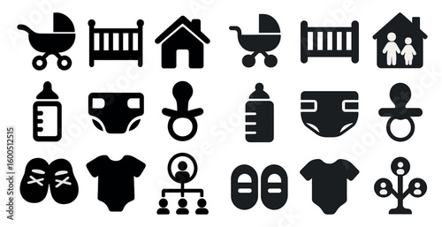 Baby care solid icons set – nursery, infant essentials, simple silhouettes