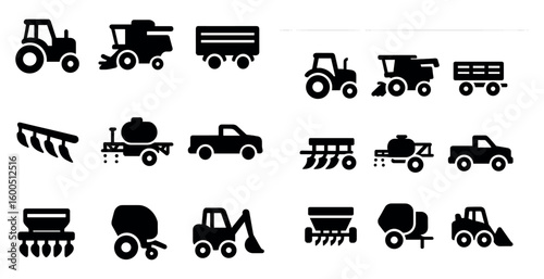 Agriculture silhouette icons set – solid, farming, tractor symbols collection