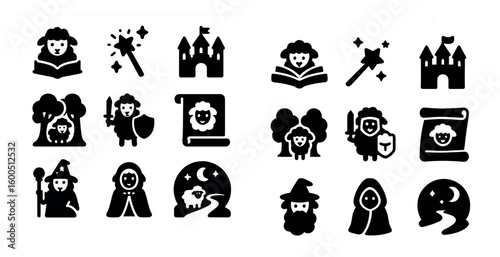Fantasy and adventure solid icons set – silhouette, filled, magic and quest symbols