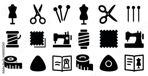 Sewing and tailoring solid icons set – filled, crafting, diy design symbols