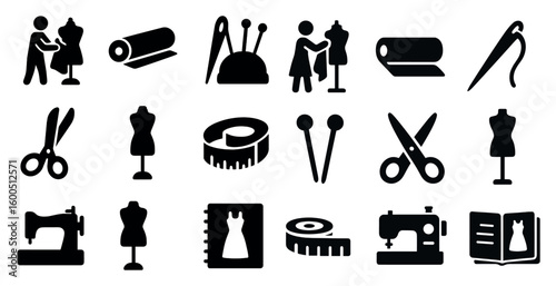 Sewing and tailoring solid icons set – tools, fashion, needlework symbols