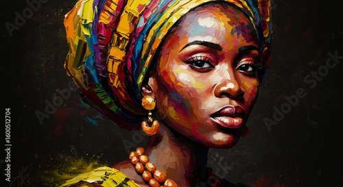 Vibrant portrait of an african woman adorned in colorful traditional attire