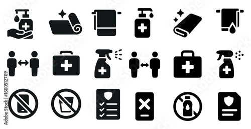 Healthcare and safety solid icons set – filled, medical, hygiene symbols