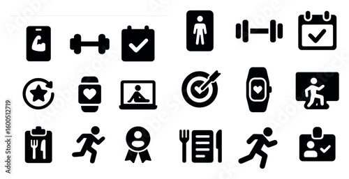 Fitness and wellness solid icons set – filled, workout, health and exercise symbols