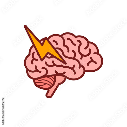Brain with Lightning Bolt Symbolizing Mental Power Brainstorm Creativity and Sudden Idea Generation Concept Illustration Isolated on White Background