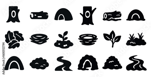 Nature and wildlife solid icons set – flat, filled, habitat symbols and designs
