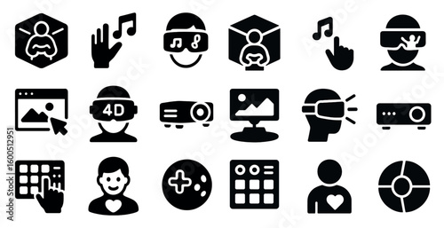 Virtual reality solid icons set – 3d, filled, multimedia and digital tech symbols