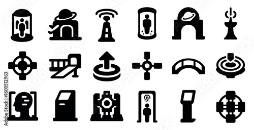 Space exploration solid icons set – filled, astronomy, cosmic discovery symbols