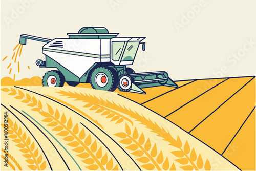 Illustration of a combine harvester in a field of wheat, showing the agricultural process in action today