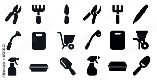 Gardening tools solid icons set – flat, filled, horticulture and landscaping symbols