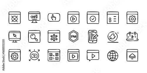  A line-style set of digital marketing web icons. Social media, networking, feedback, communication, marketing, and e-commerce. Vector illustrations.