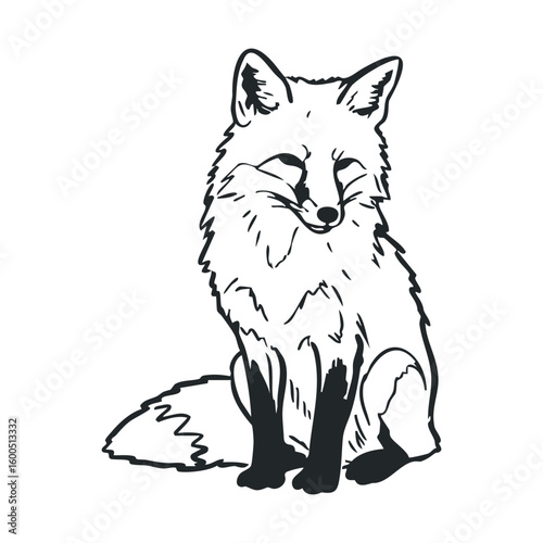 Black and white line art of sitting fox with closed eyes and bushy tail