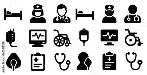 Healthcare and medical solid icons set – filled, hospital and doctor symbols