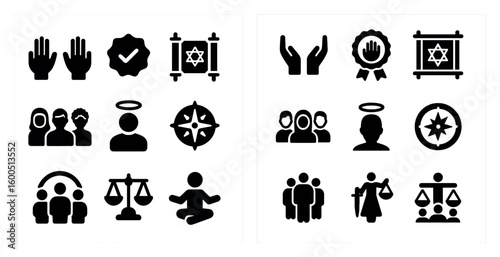 Religion and spirituality silhouette icons set – faith, belief, cultural symbols