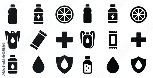 Energy drink and hydration solid icons set – flat, filled, wellness symbols