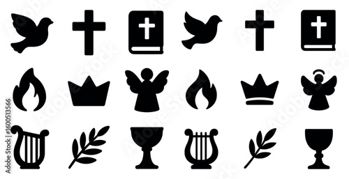 Religious symbols solid icons set – silhouette, filled, spiritual graphics