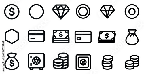Financial and money outline icons set – currency, banking, budget symbols