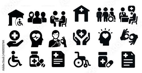 Healthcare and medical solid icons set – silhouette, flat, hospital care symbols