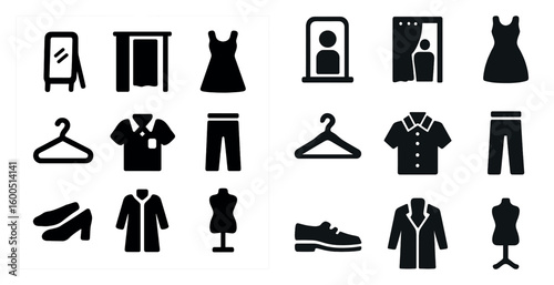 Fashion and clothing solid icons set – silhouette, filled, style and wear symbols