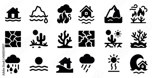 Natural disaster solid icons set – 3d, filled, emergency and safety symbols
