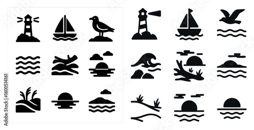 Nautical silhouette icons set – marine, ocean, sea-themed symbols for projects