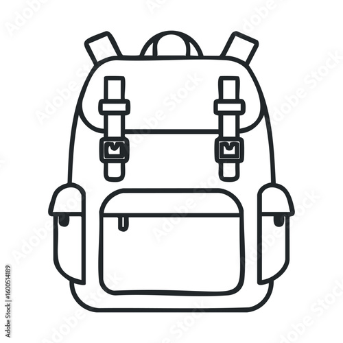 Backpack icon with pockets and straps in black and white line art