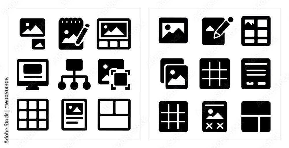 Photography tools solid icons set – filled, photo editing, camera and digital symbols