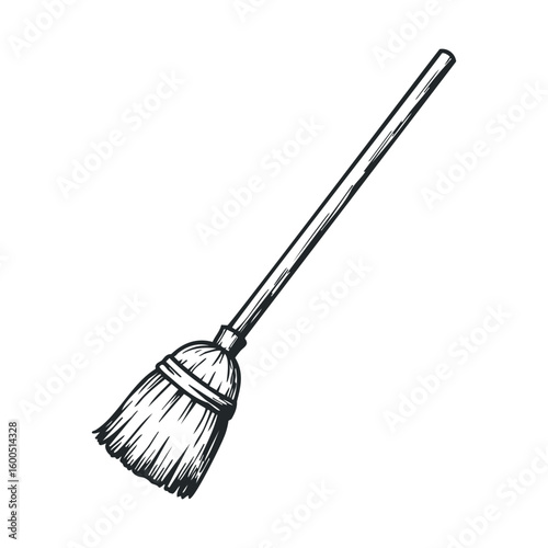 Sketch of traditional broom with wooden handle and straw bristles