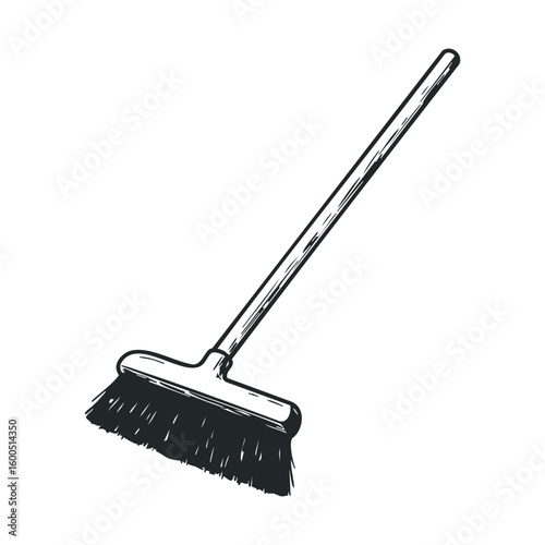 Monochrome illustration of a simple broom with long handle and bristles