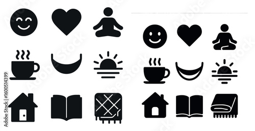 Wellness and relaxation solid icons set – filled, tranquil, meditation symbols