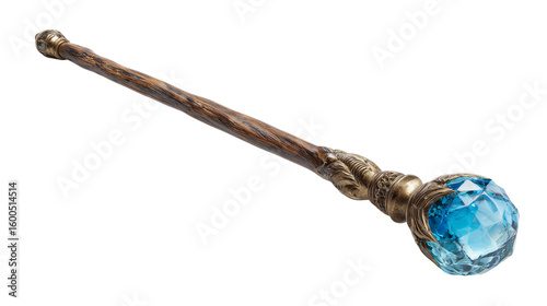 Elegant wizard staff made from aged natural wood and embedded blue gem representing mystic energy on transparent background
