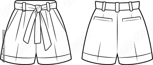 Belted high waist shorts flat vector illustration, front and back view, fashion CAD template, technical garment drawing for apparel design