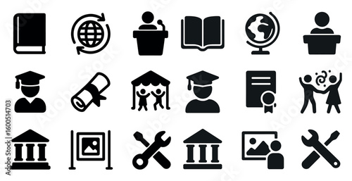Education and learning solid icons set – filled, outline, academic and school symbols