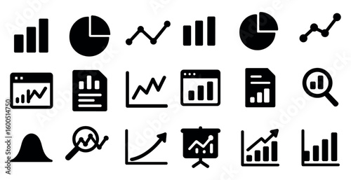 Data analytics solid icons set – filled, statistical, graph symbols collection