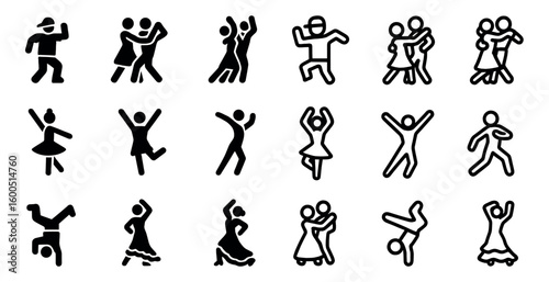Dance and movement silhouette icons set – line, outline, performance and rhythm graphics
