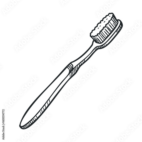 Black and white illustration of a toothbrush with detailed bristles and handle design
