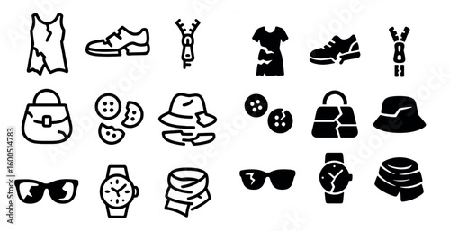 Fashion and apparel silhouette icons set – accessories, clothing, style symbols