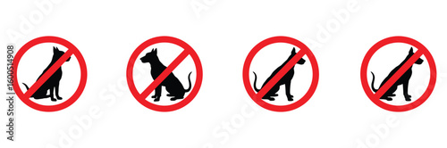 Four red prohibition signs with black dog silhouettes inside, clearly indicating 'no dogs allowed' for public spaces and businesses seeking to enforce pet policies.