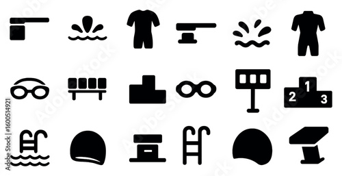 Swimming and diving solid icons set – filled, aquatic, pool activity symbols