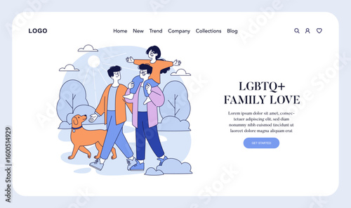 LGBTQ+ Family Strolling with Child and Pet Dog