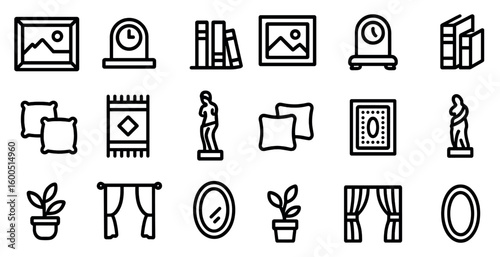 Home decor outline icons set – simple, linear, interior design and furnishing symbols