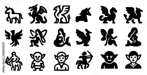 Fantasy creatures icons set – silhouette, mythical, legend symbols