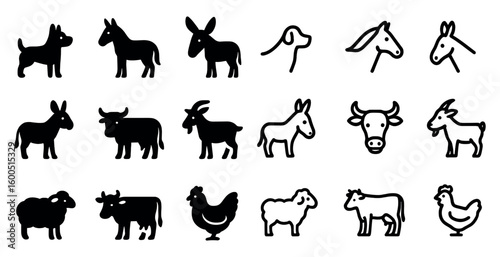 Farm animal silhouette icons set – solid, filled, livestock and cattle symbols