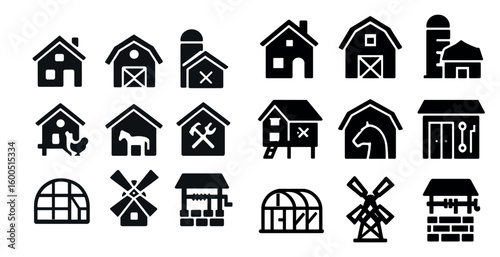Farm and agriculture icons set – silhouette, filled, rural and livestock symbols