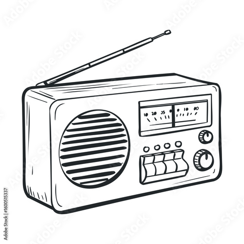 Hand-drawn vintage radio illustration with antenna and dials