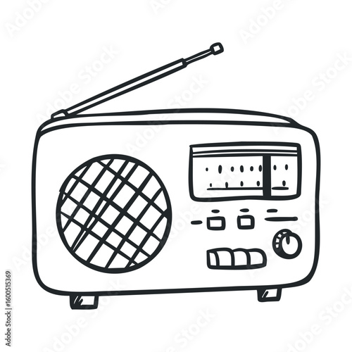 Hand-drawn vintage radio illustration with antenna and dials